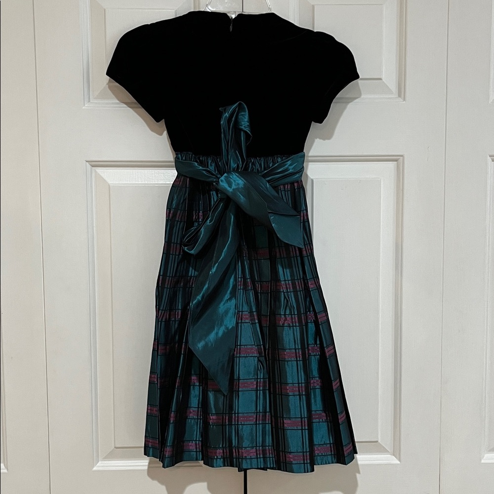 Talbots Kids Black Velvet Teal Plaid Taffeta Holiday Dress Size 7 EUC